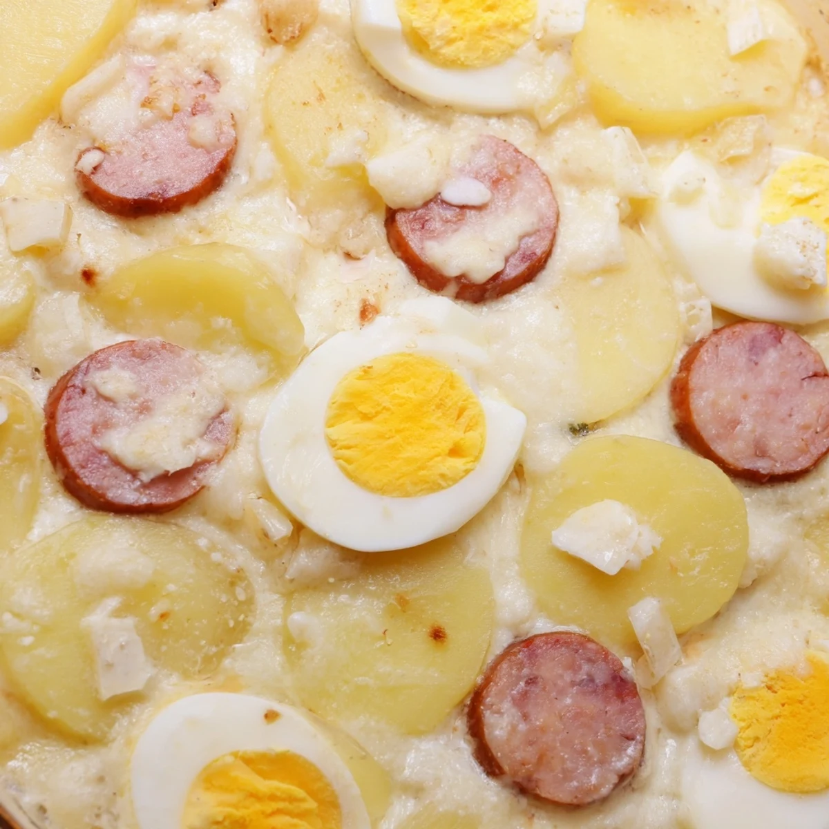 Creamy Hungarian Rakott Krumpli potato gratin featuring smoky sausage and tender egg slices in a bubbling dish