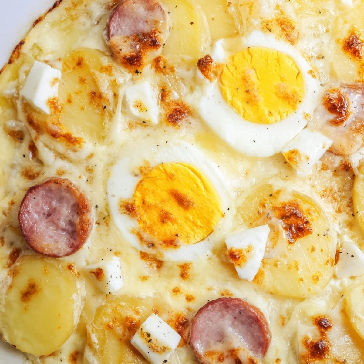 Sliced Rakott Krumpli comfort food showing golden potato layers with savory sausage and hard-boiled eggs