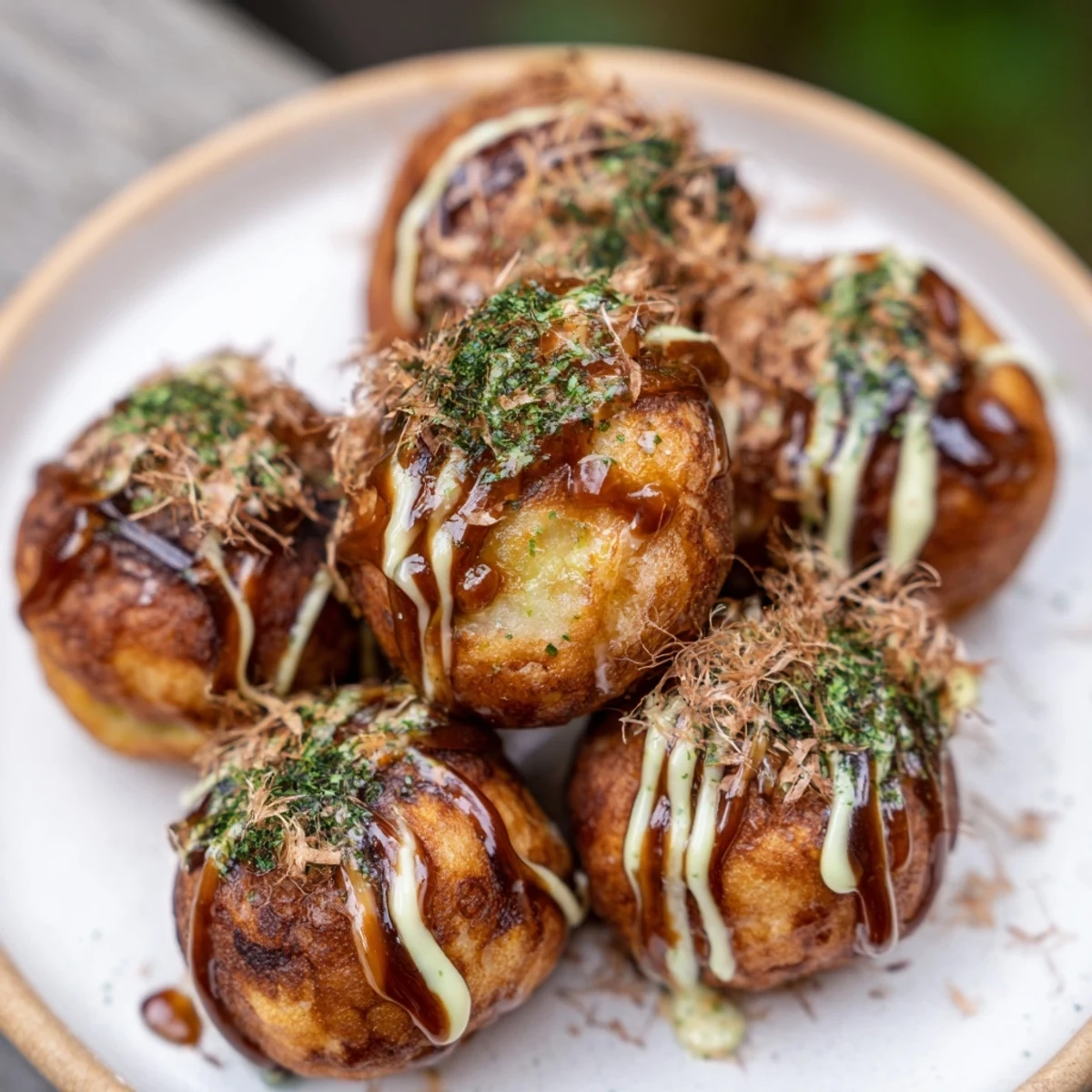 Golden brown Japanese takoyaki balls drizzled with savory sauce and mayonnaise topped with dancing bonito flakes