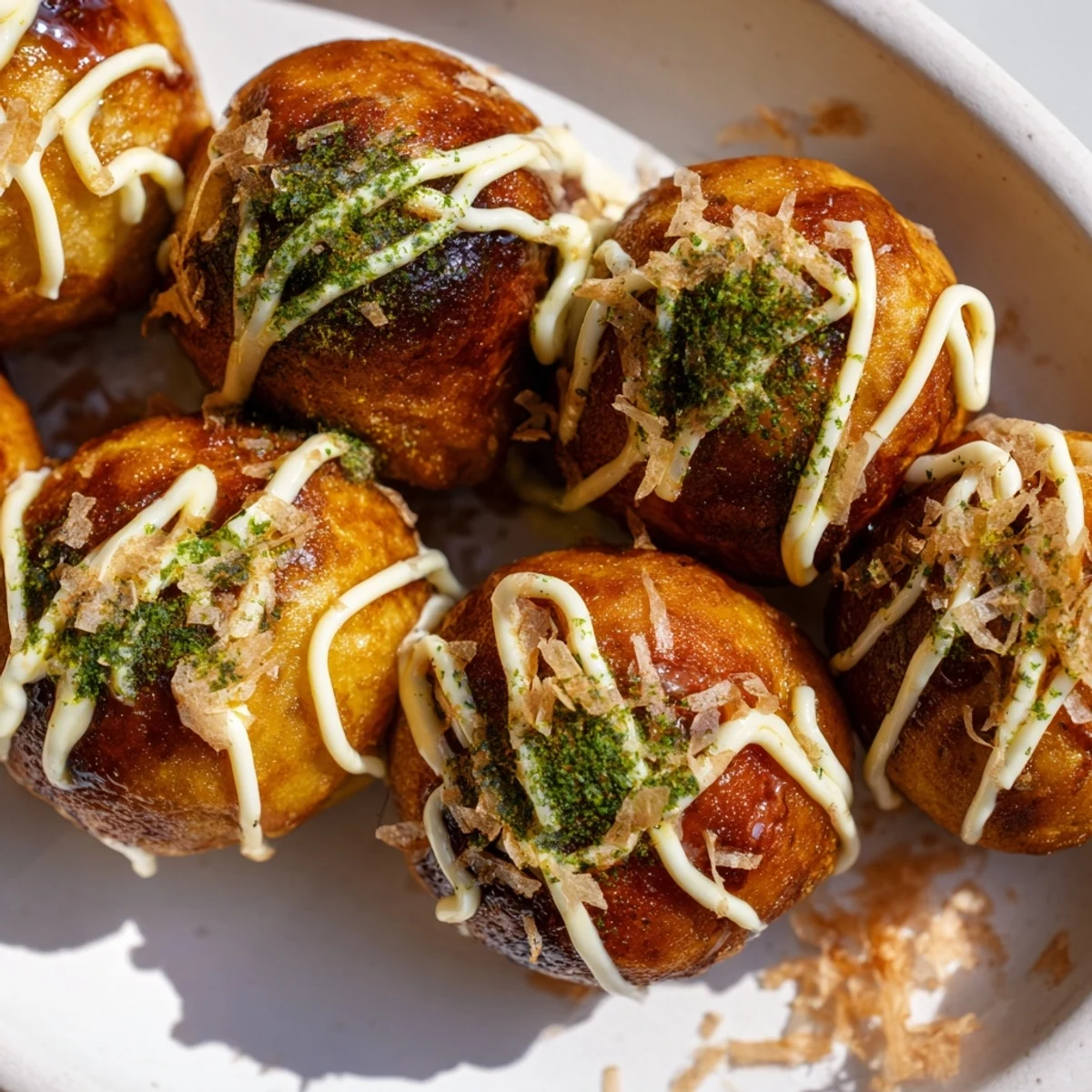 Crispy exterior takoyaki filled with tender octopus pieces garnished with green onions and pickled red ginger