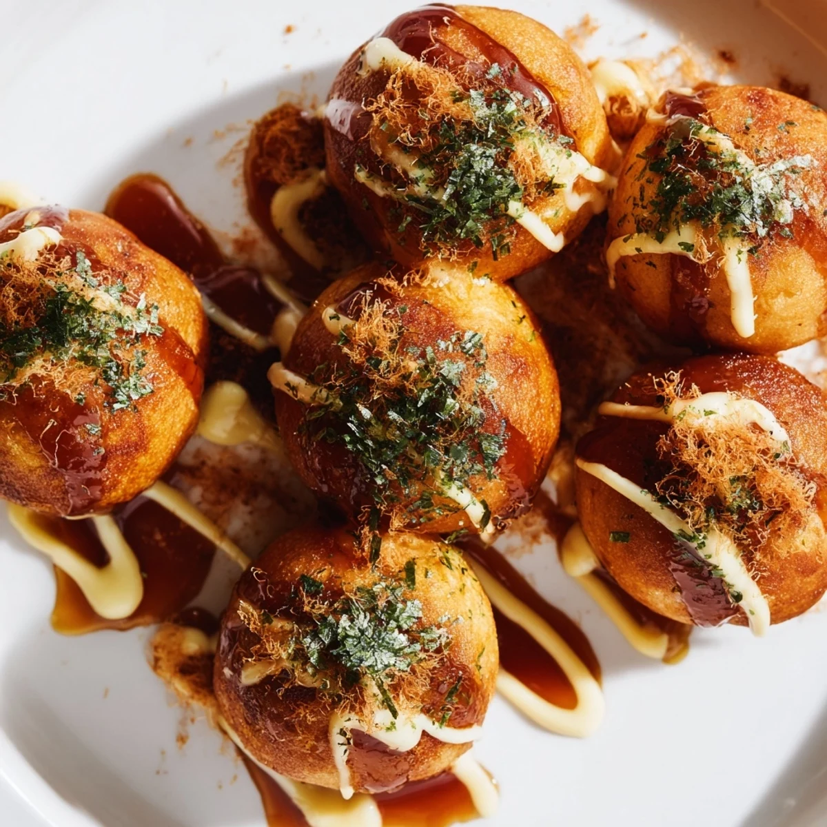 Plate of steaming hot Japanese octopus balls sprinkled with dried seaweed flakes and smoky bonito