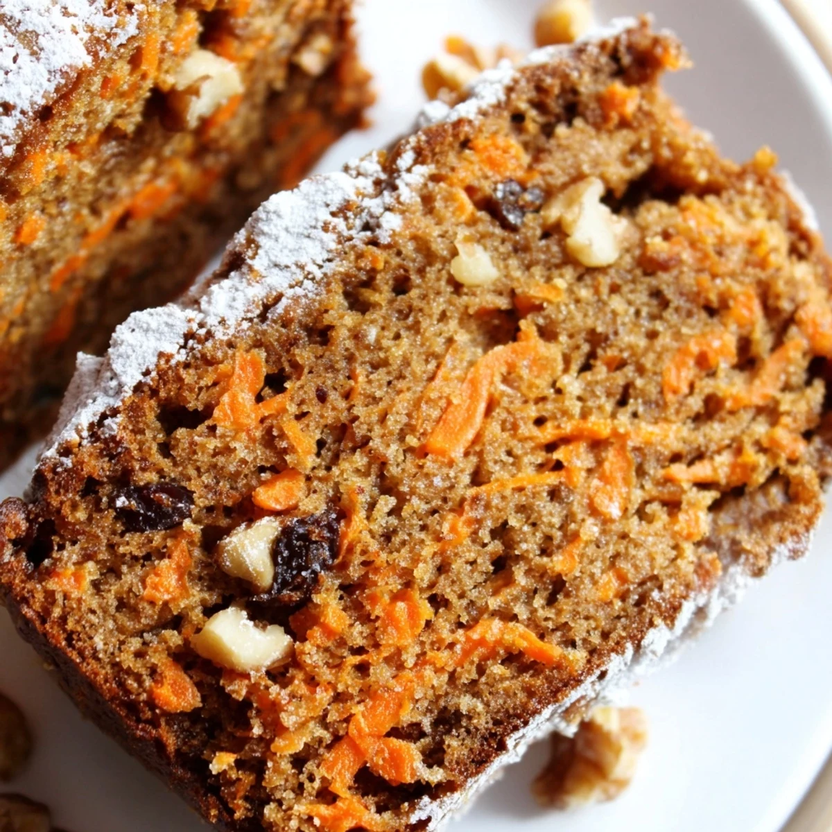 One bowl Greek yogurt carrot cake topped with powdered sugar on a plate
