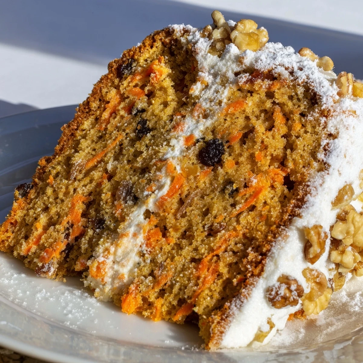 Slice of healthy Greek yogurt carrot cake featuring walnuts and raisins