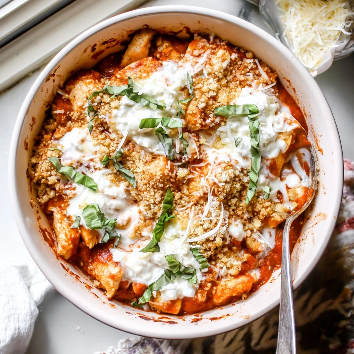 High protein chicken parm cottage cheese bowl featuring bubbling marinara sauce, mozzarella, and crispy breadcrumb garnish with fresh basil