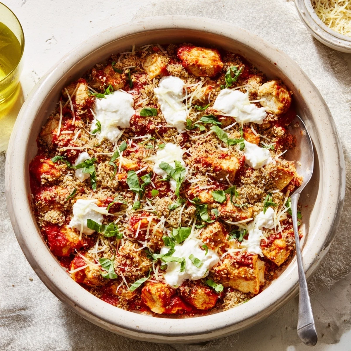 Golden brown chicken parmesan bowl topped with melted cheese and toasted panko breadcrumbs in an oven-safe serving dish