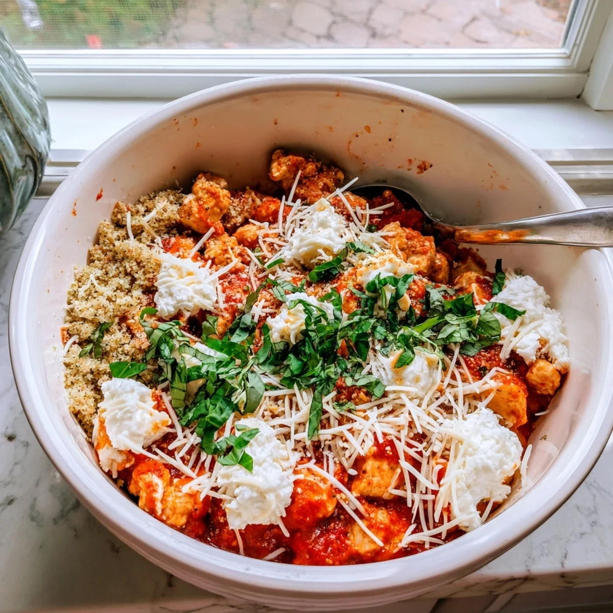 Creamy cottage cheese chicken parmesan bowl with seasoned chicken, zesty marinara, and golden brown panko topping ready to serve