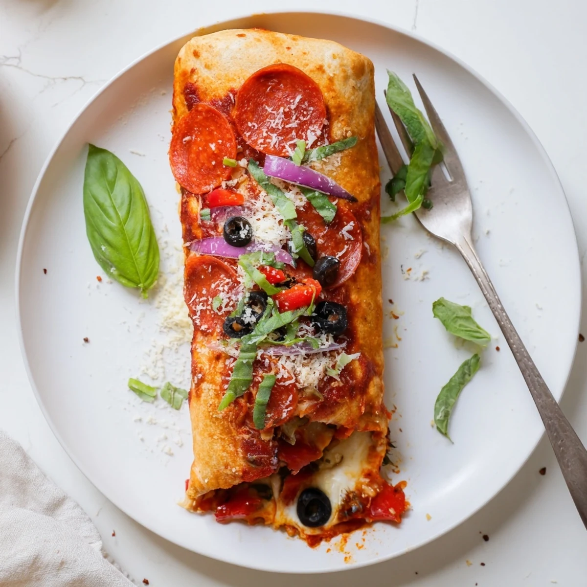 Crispy air fried pizza burritos oozing cheese and pepperoni on a serving plate