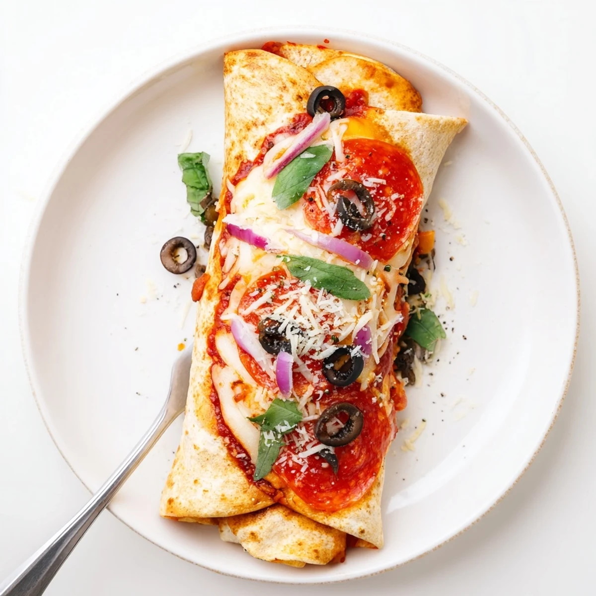 Pizza burritos sliced crosswise revealing layers of sauce cheese and vibrant toppings