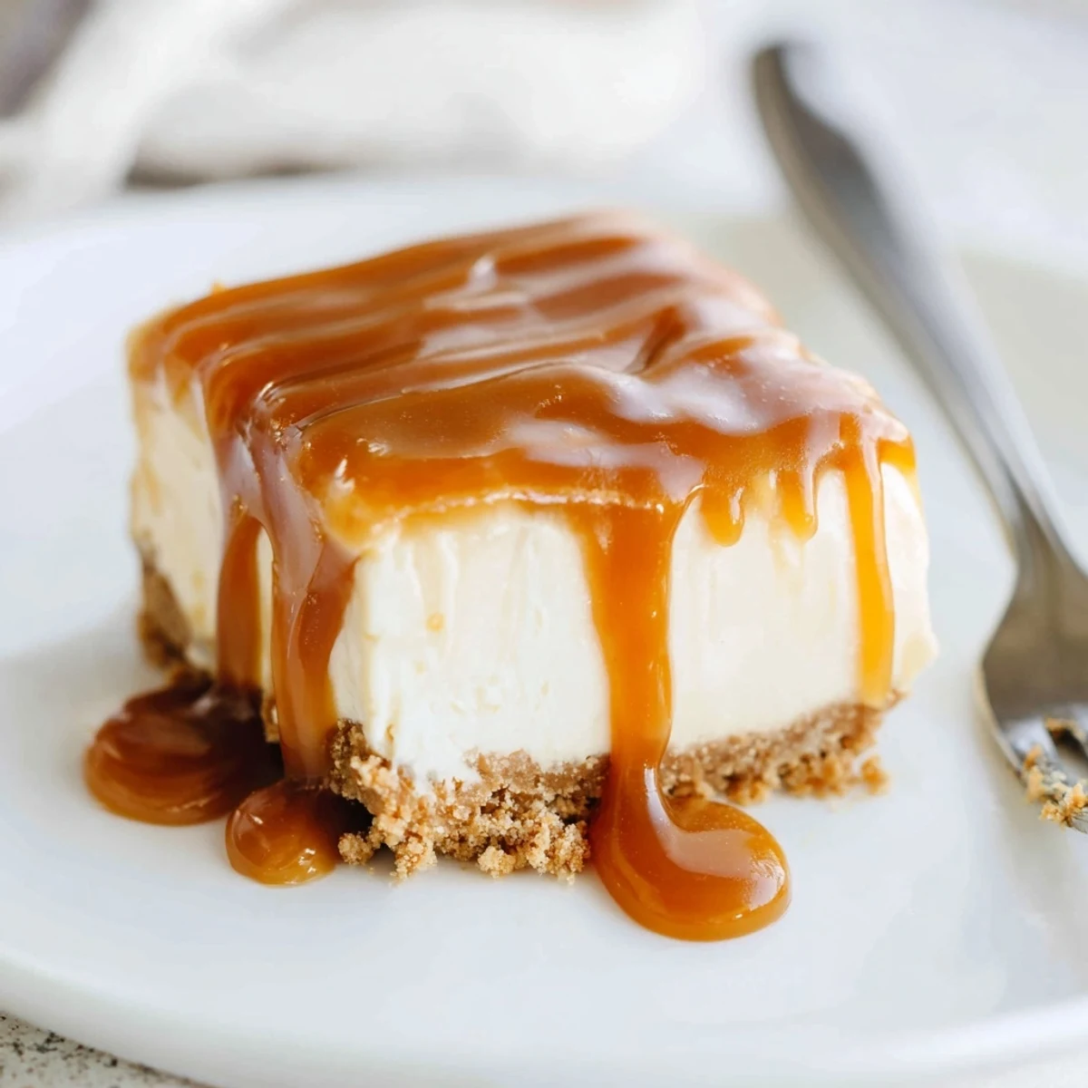 Golden caramel sauce drizzled over creamy cheesecake bars with graham cracker crust