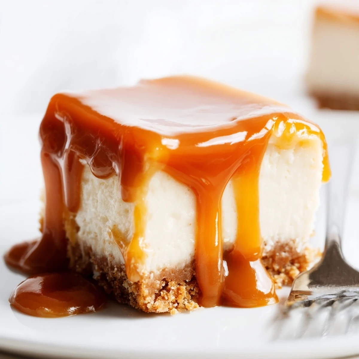 Rich caramel cheesecake bars sliced into squares on a white serving plate