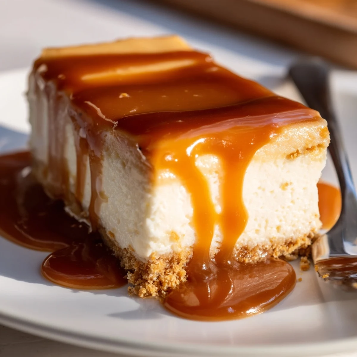 Decadent layered caramel cheesecake bars with buttery crust and glossy topping