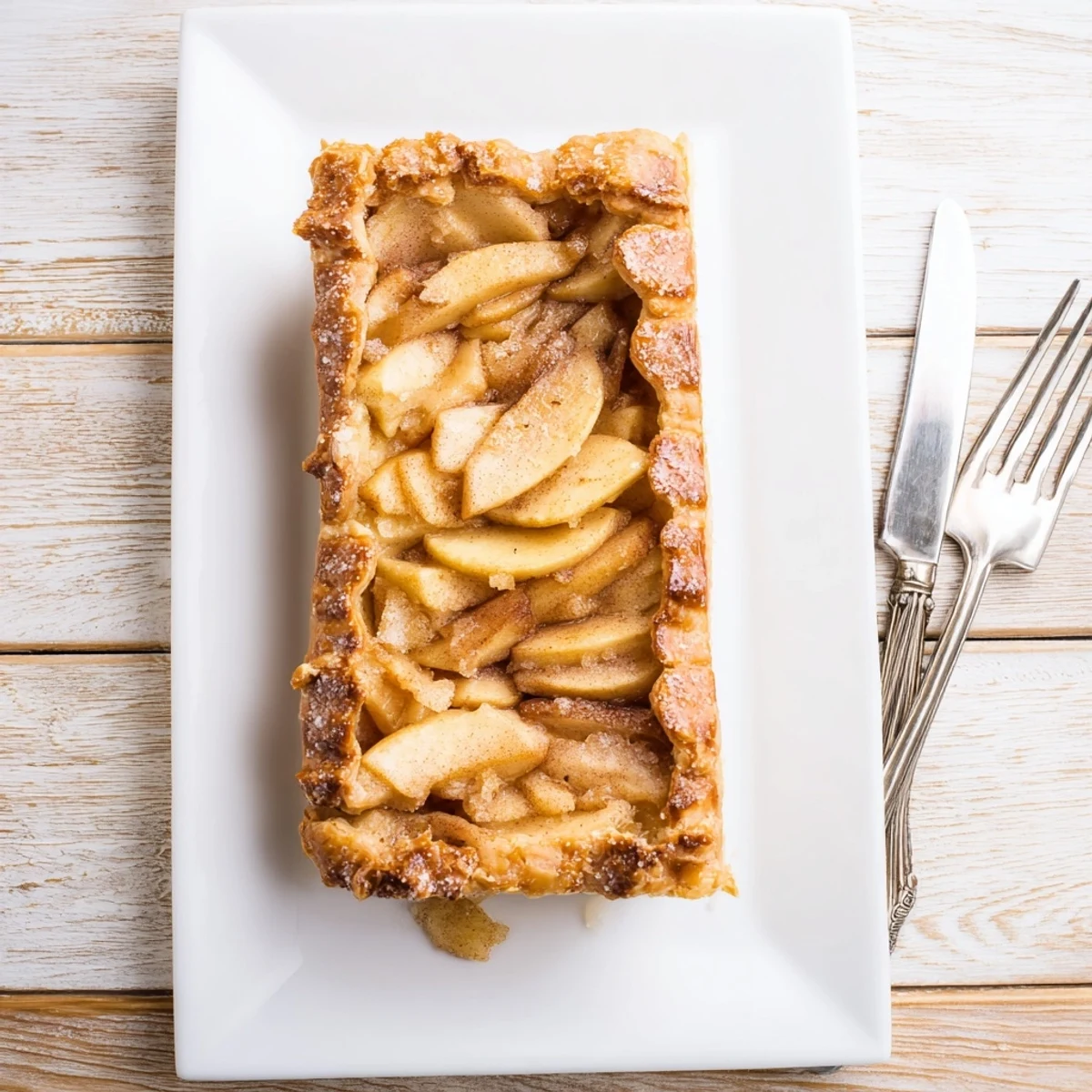 Rectangular apple slab pie sprinkled with coarse sugar after egg wash creates glossy golden finish