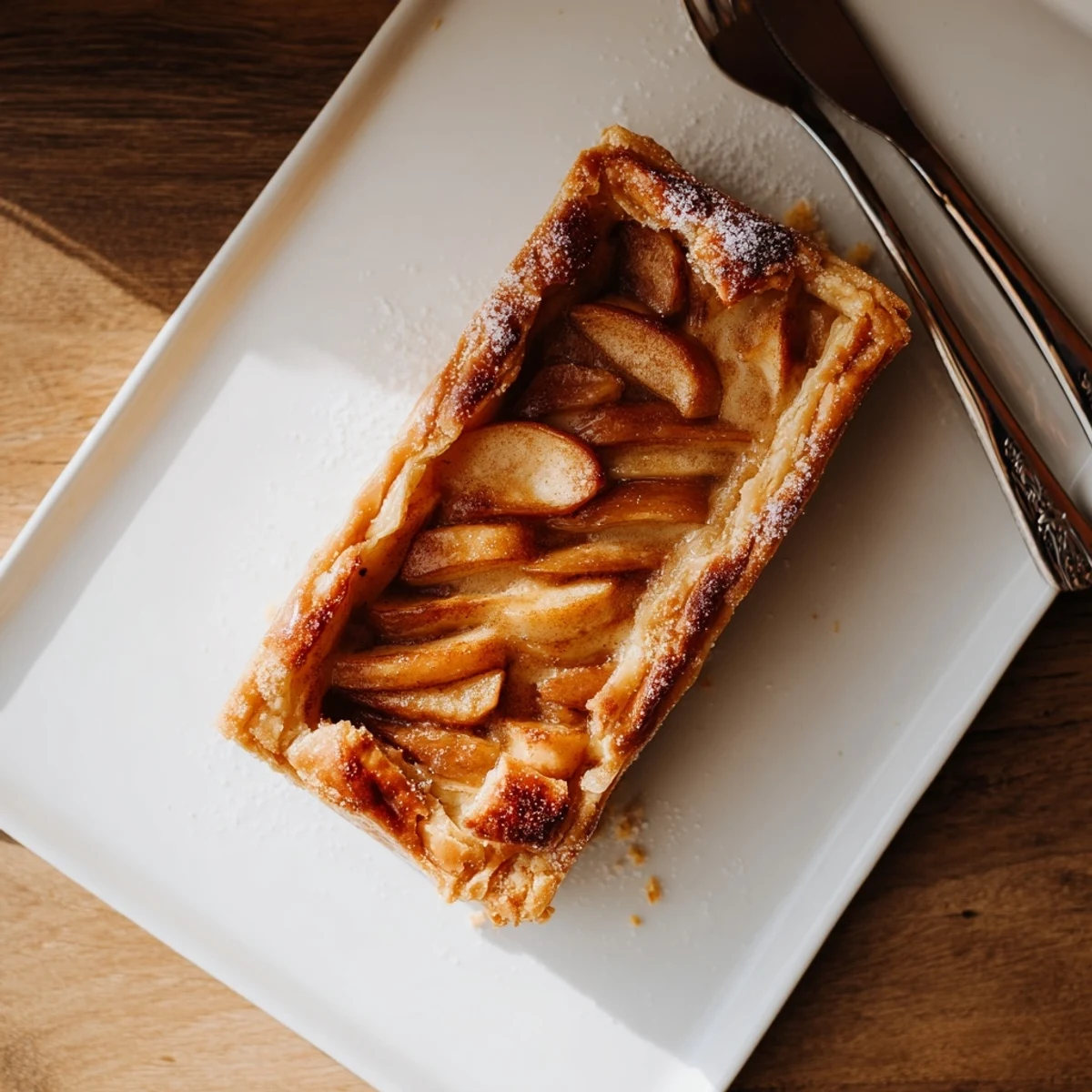Warm apple slab pie sliced into squares revealing tender spiced apples between flaky layers