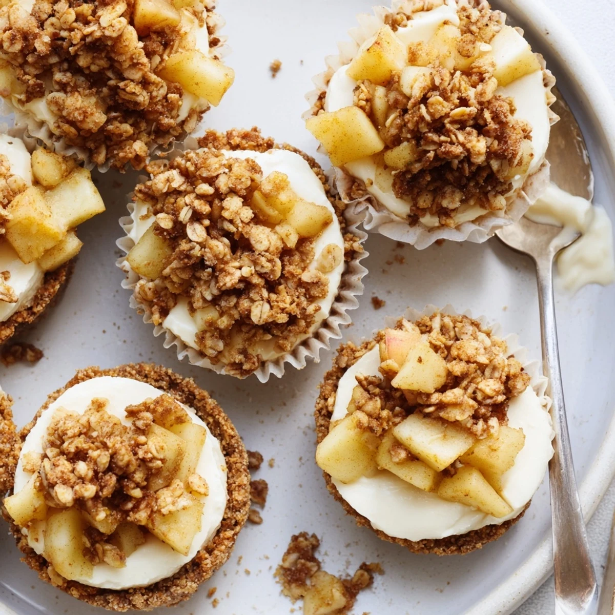 Golden brown apple crisp mini cheesecakes topped with warm cinnamon spiced apples and crunchy oat crumble on graham cracker crusts