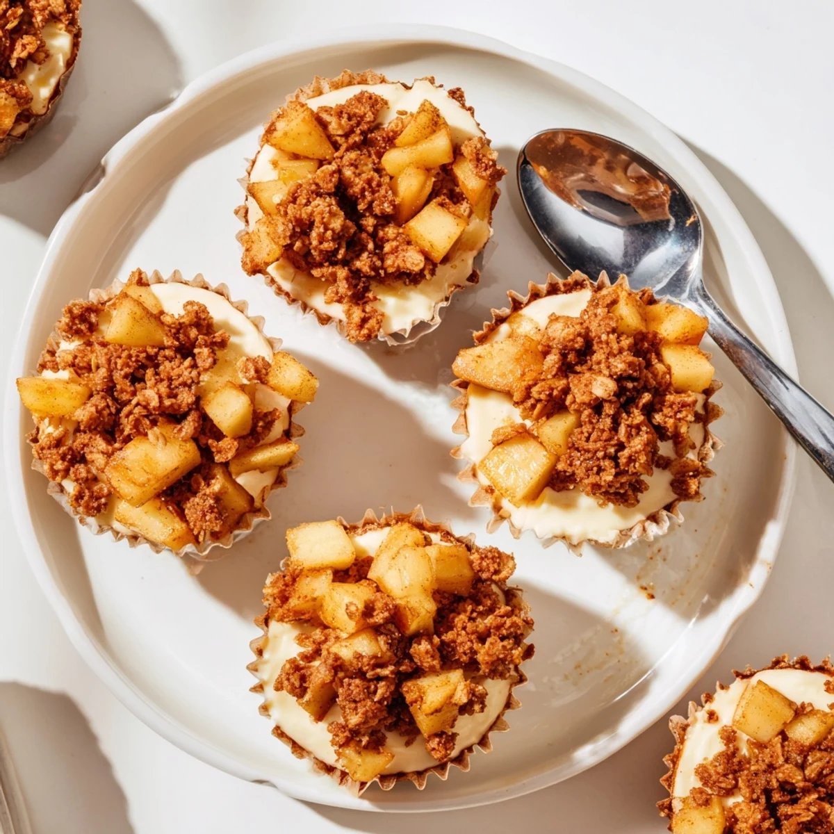 Individual apple crisp mini cheesecakes featuring creamy vanilla filling beneath tender diced apples and buttery oat streusel topping