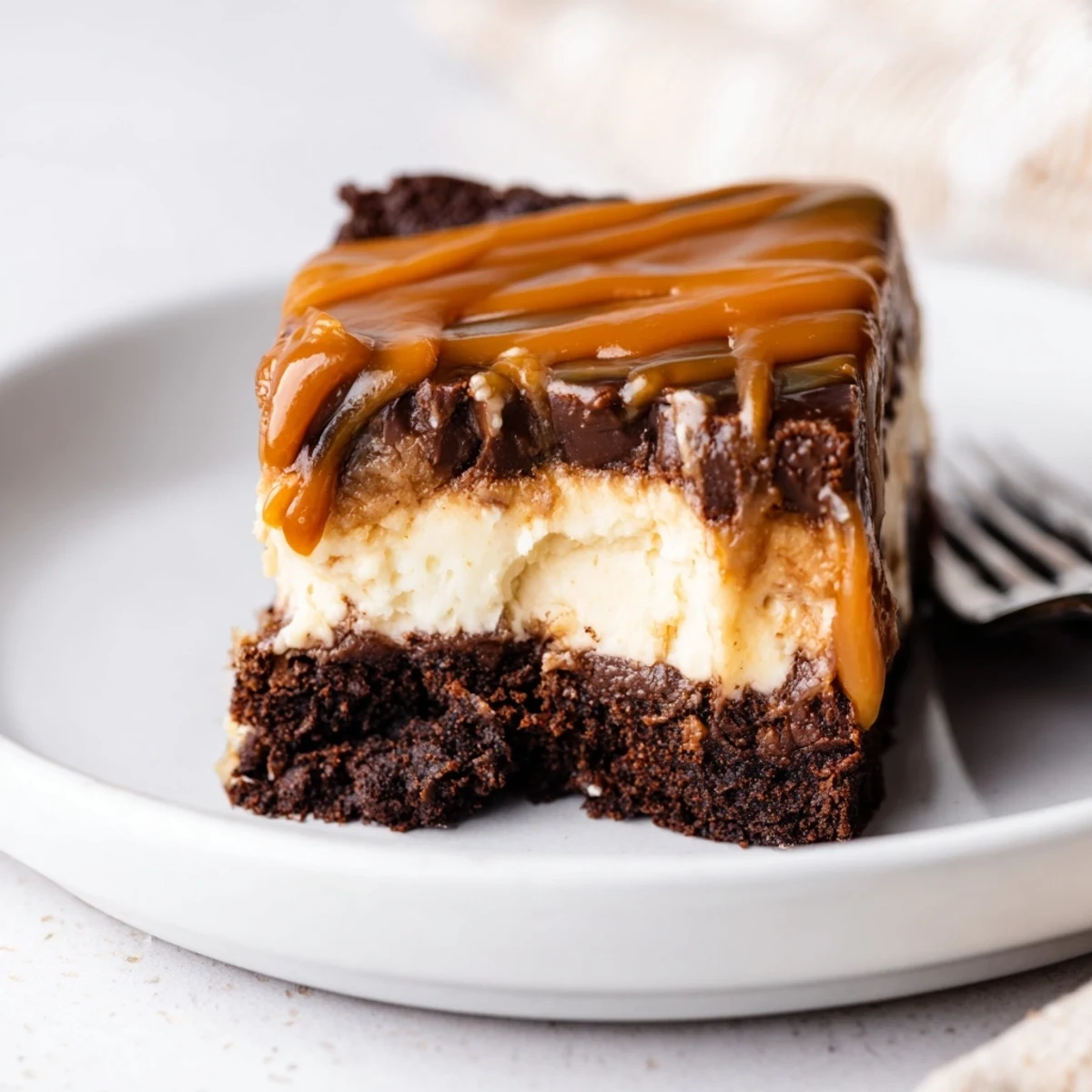 Square slice of caramel brownie cheesecake bliss showing rich chocolate and creamy vanilla cheesecake swirls