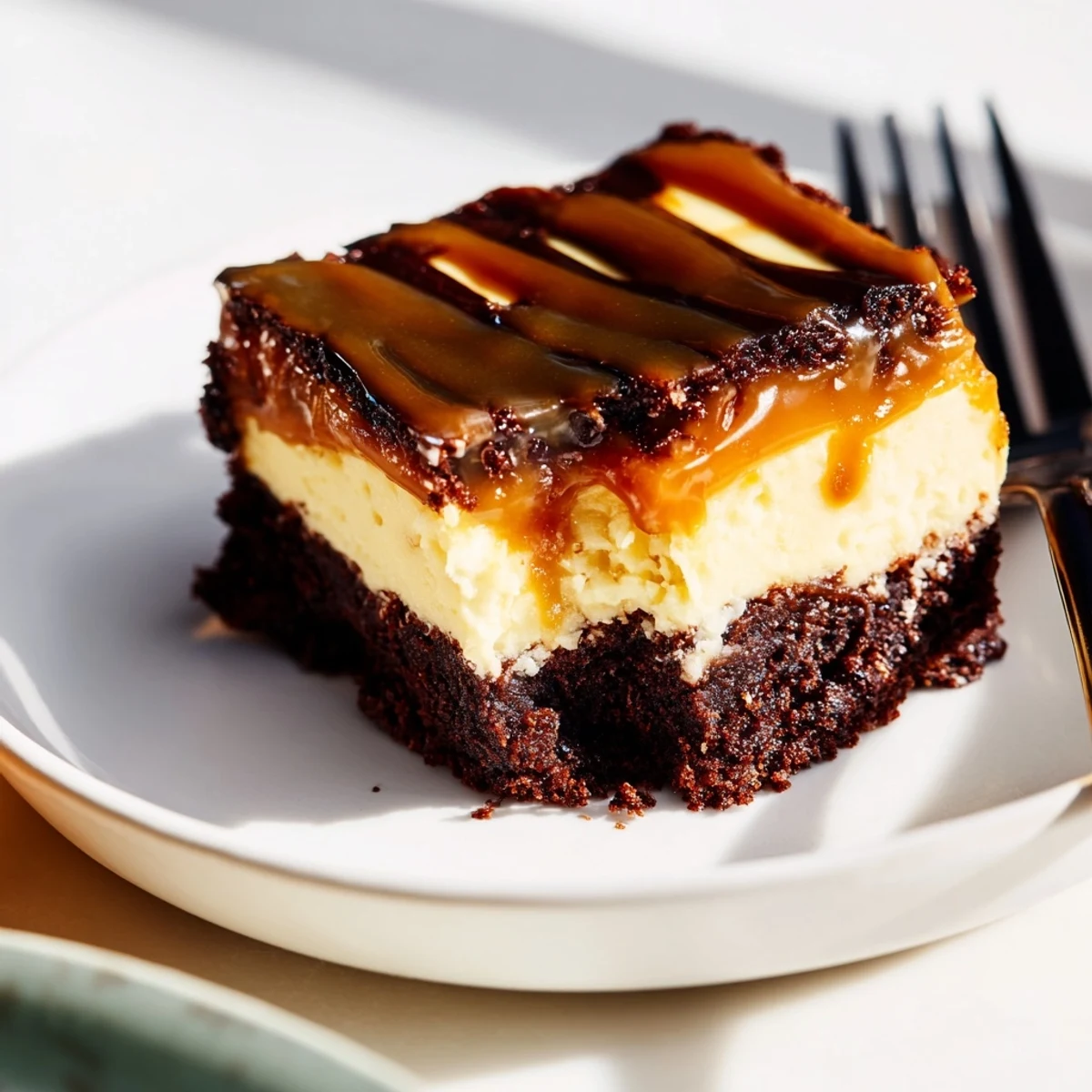 Homemade caramel brownie cheesecake bliss drizzled with golden caramel sauce on a white serving plate