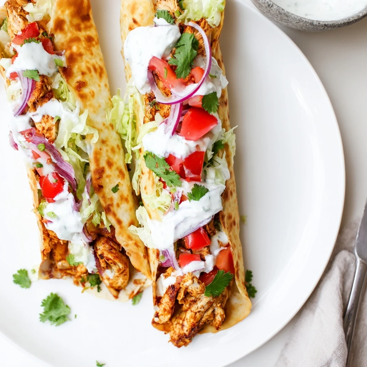 Golden crispy cottage cheese flatbread wrapped around spiced grilled chicken with fresh vegetables