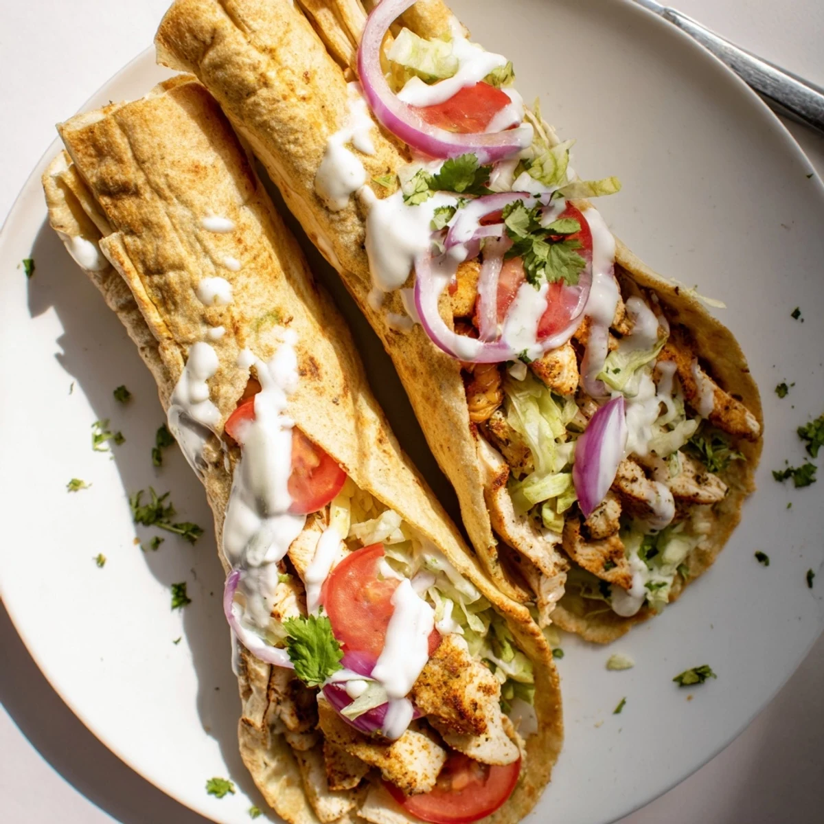 Homemade cottage cheese flatbread filled with juicy seasoned chicken strips and crisp vegetable toppings