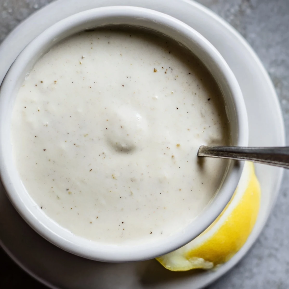 Creamy white chicken shawarma garlic sauce drizzled generously over seasoned meat slices in a bowl