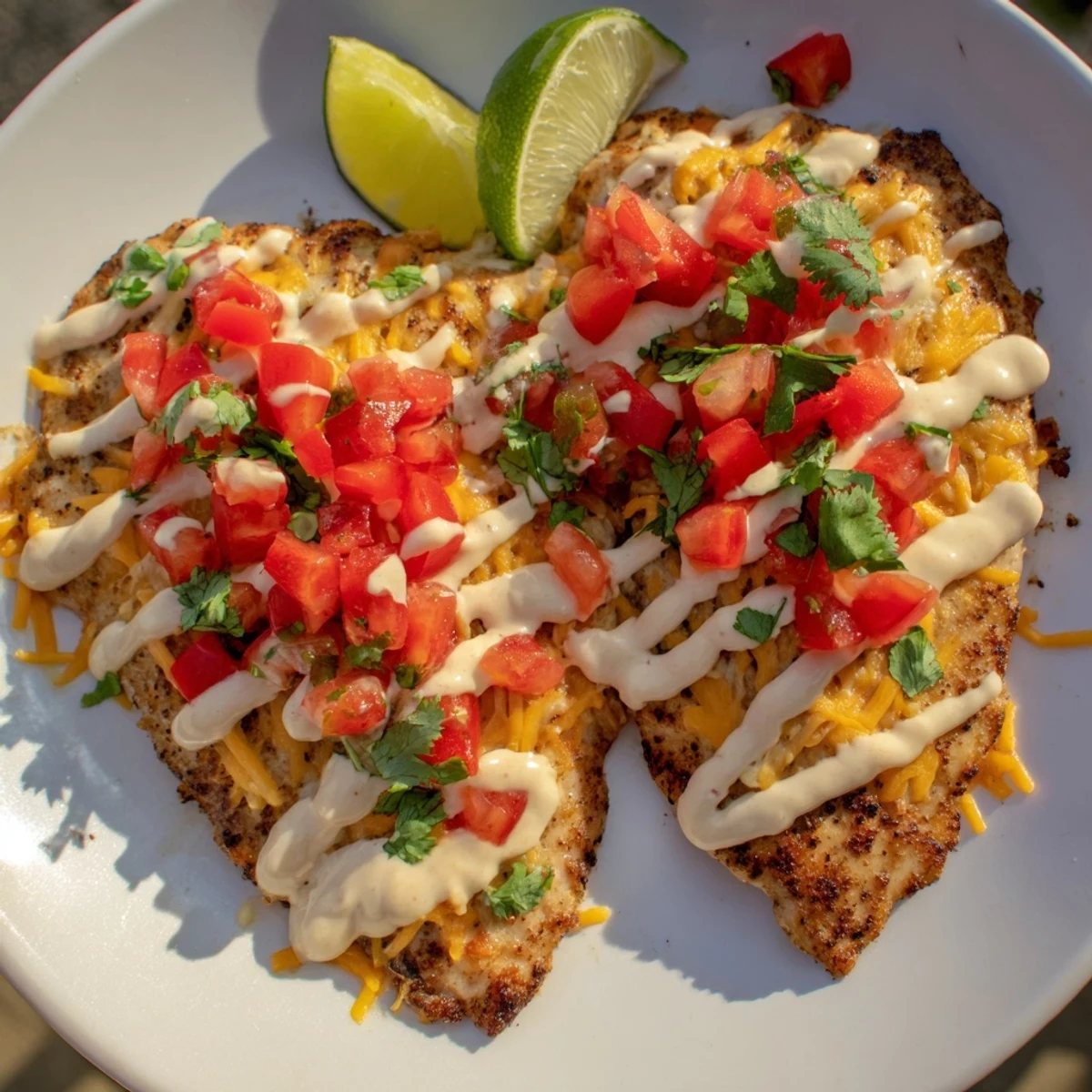 Golden Fiesta Lime Chicken topped with melted cheddar and fresh cilantro on a white plate