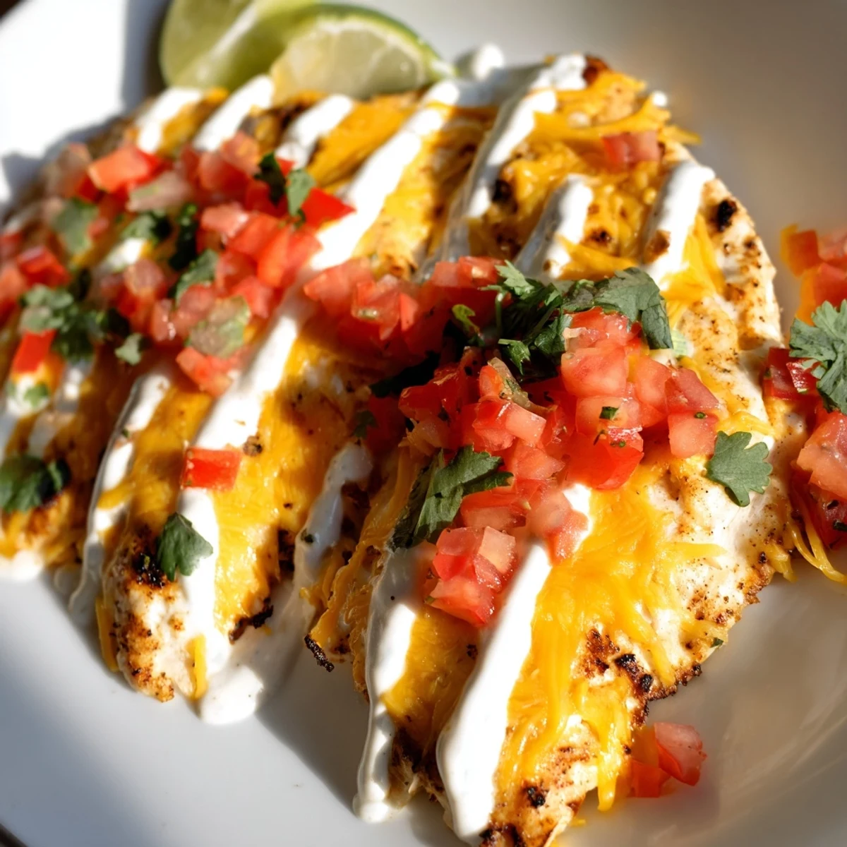 Charred Fiesta Lime Chicken breasts garnished with lime wedges and vibrant green cilantro leaves