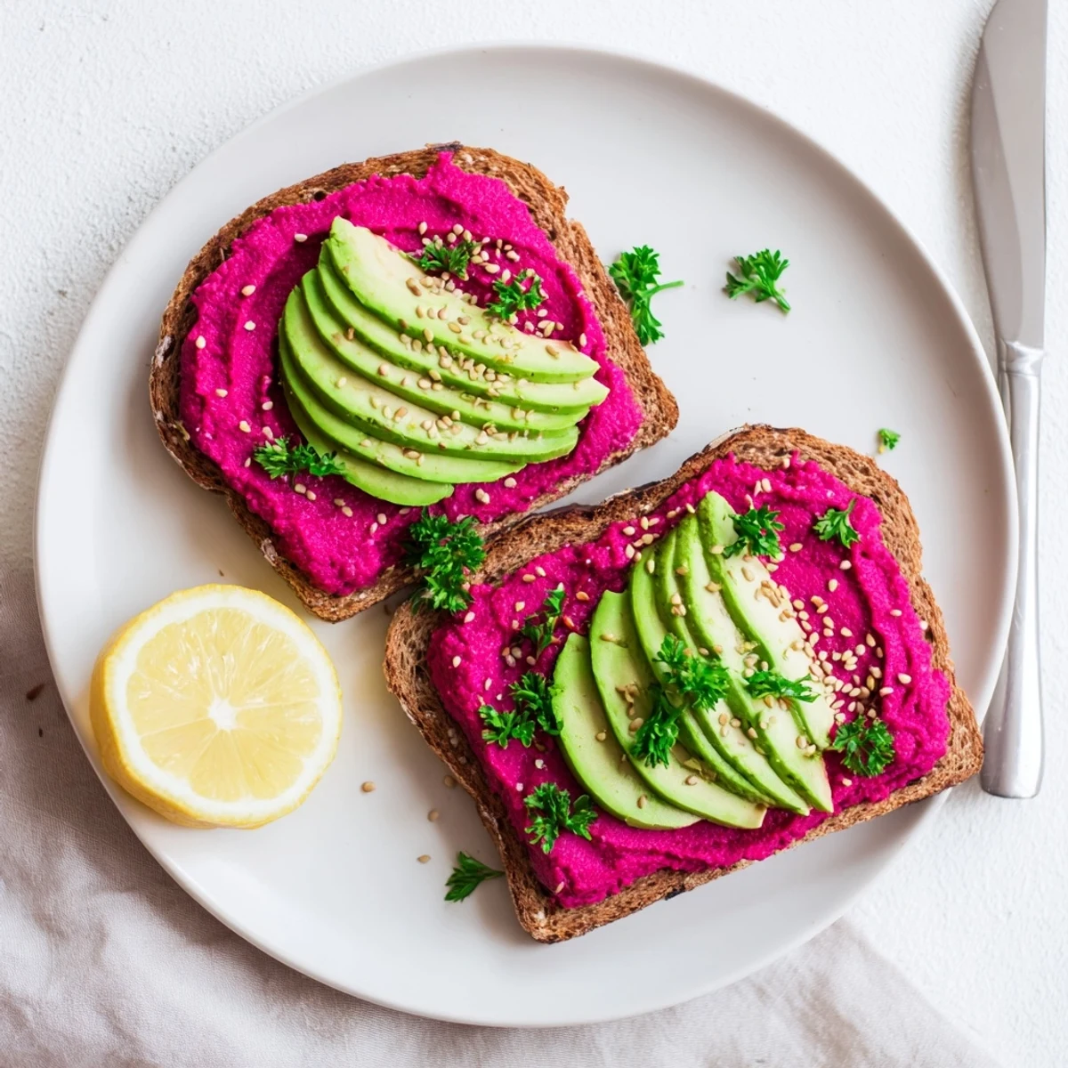 Golden avocado beet hummus toast topped with sesame seeds on rustic sourdough bread slices