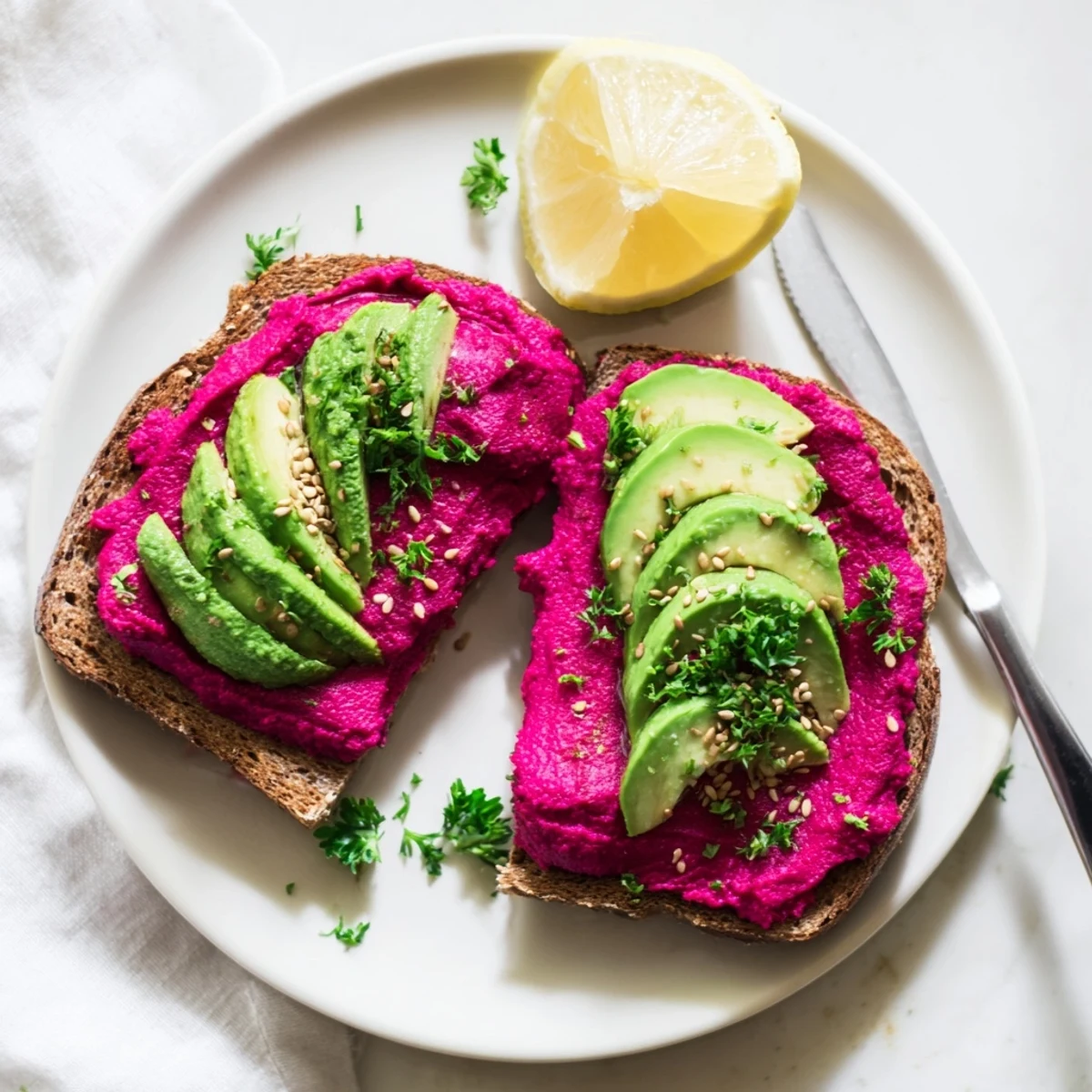 Open-faced avocado beet hummus toast garnished with parsley and lemon wedge on wooden board