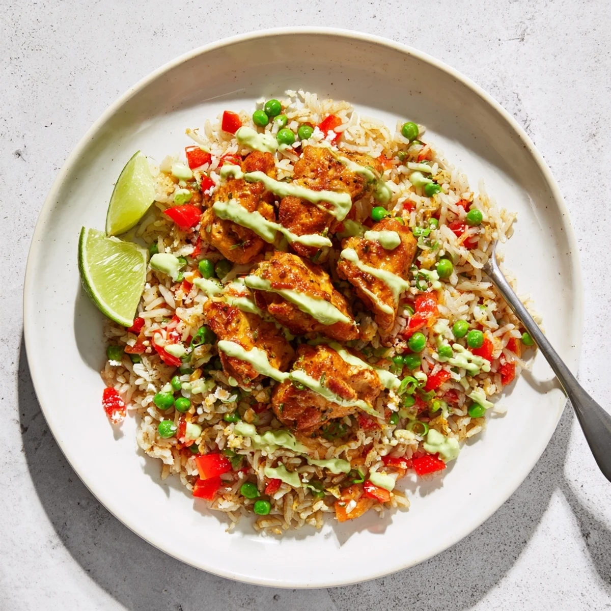 Golden Peruvian chicken rice plated with vibrant green sauce and fresh lime wedges