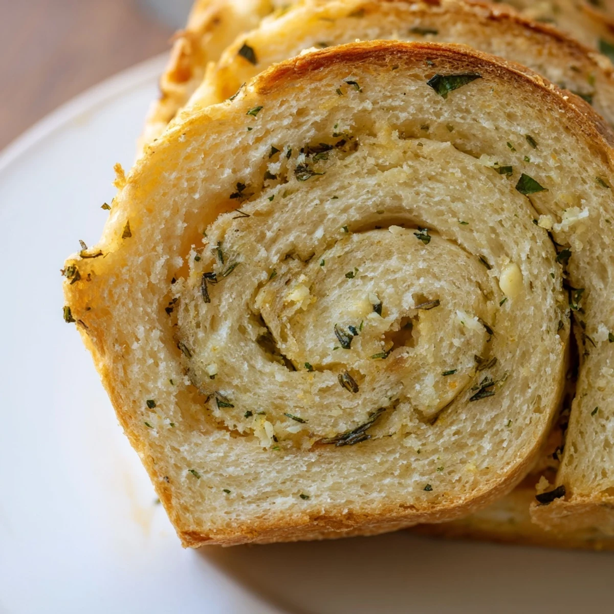 Golden garlic and herb bread loaf sliced to reveal fluffy interior and aromatic fresh herbs