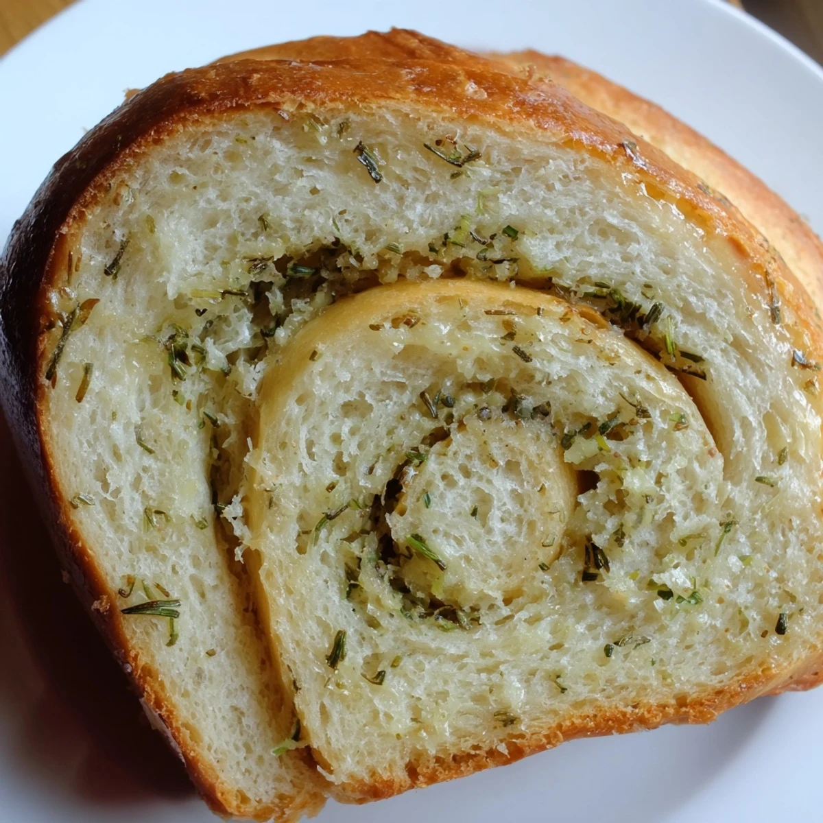 Warm homemade garlic and herb bread served on wooden board with melted butter topping