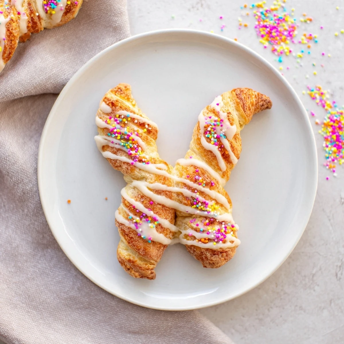 Golden Easter Bunny Twists pastry drizzled with white icing and colorful sprinkles on white plate
