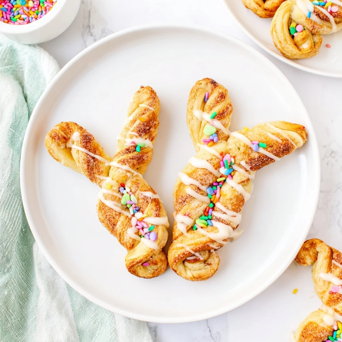 Freshly baked Easter Bunny Twists arranged on serving tray with pastel sprinkles and powdered sugar