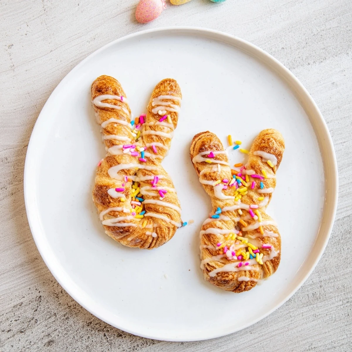 Fluffy cinnamon sugar Easter Bunny Twists shaped like rabbit ears with sweet glaze decoration