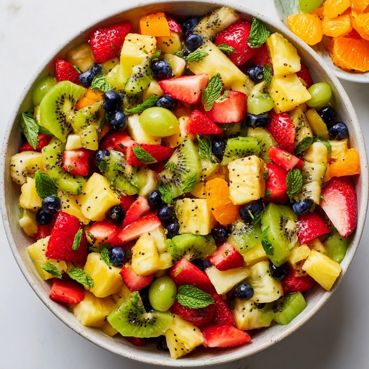Festive Easter fruit salad featuring berries, citrus, and kiwi topped with fresh mint