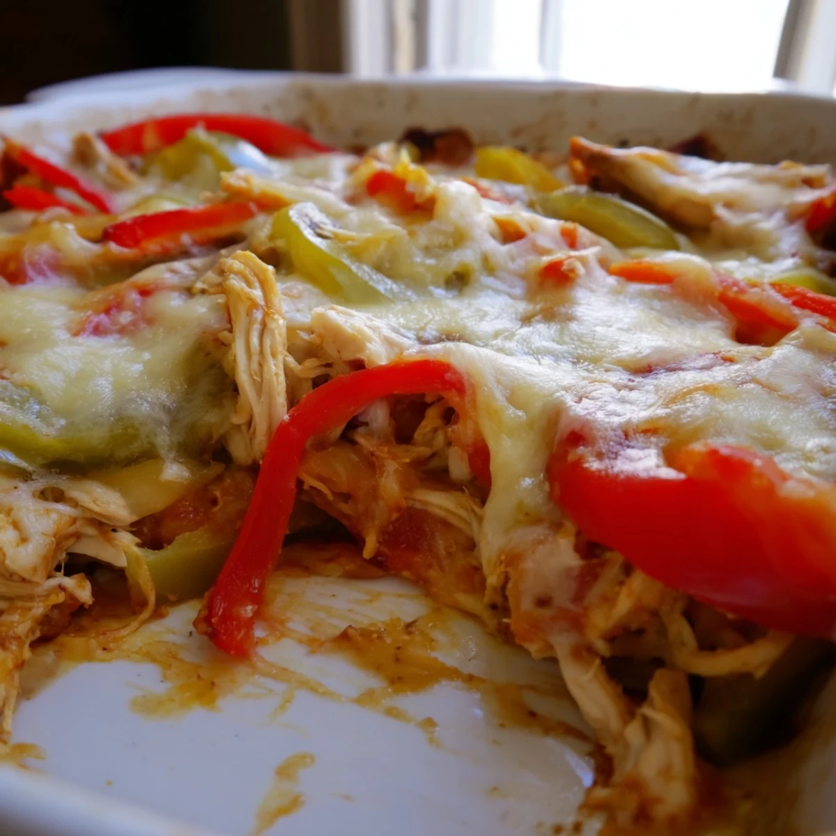 Hearty chicken fajita casserole topped with melted Mexican cheese over sautéed bell peppers and onions
