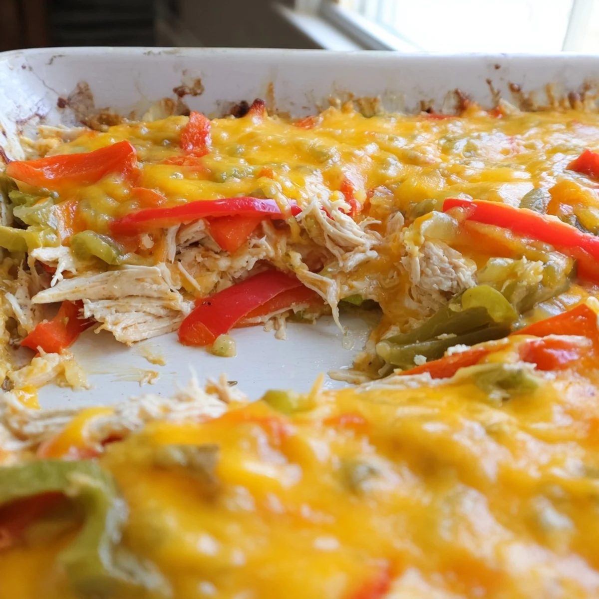 Golden cheesy chicken fajita casserole with colorful peppers bubbling in a baking dish