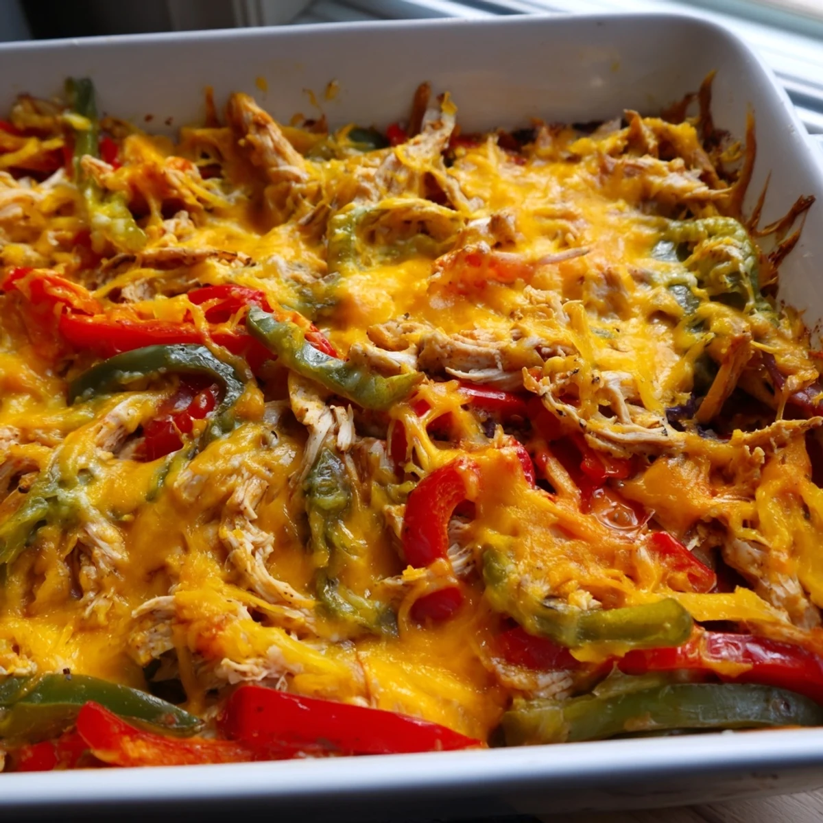 Tex-Mex chicken fajita casserole fresh from the oven with gooey cheese and tender sliced vegetables