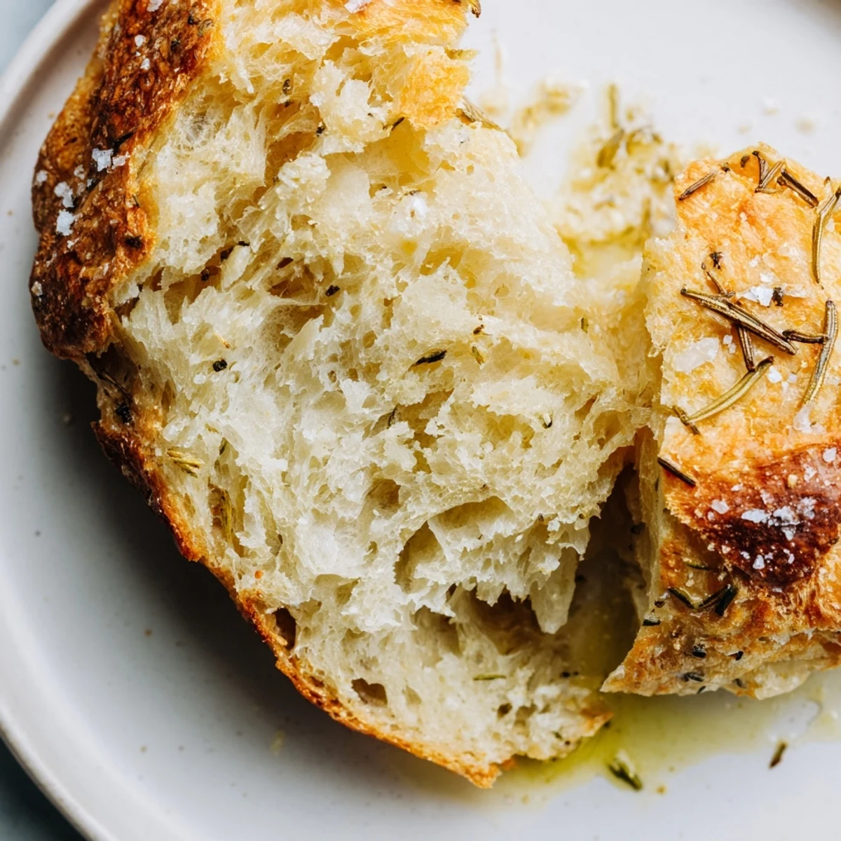 Golden brown rustic garlic rosemary skillet bread with flaky sea salt sprinkled on top