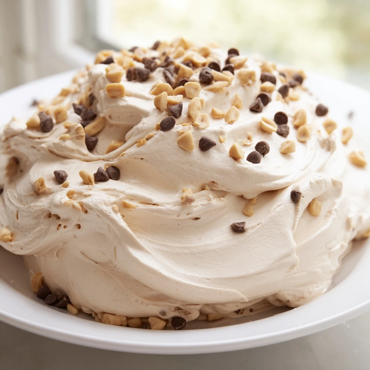 Velvety smooth peanut butter mousse swirl featuring mini chocolate chips and crushed peanuts on a white dessert plate
