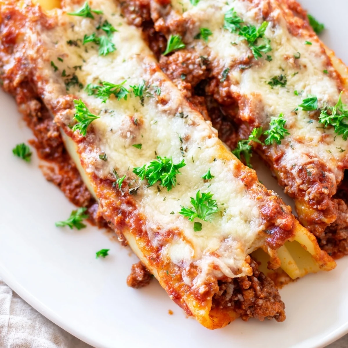 Golden baked cheesy stuffed manicotti noodles swimming in rich homemade meat sauce with melted mozzarella topping