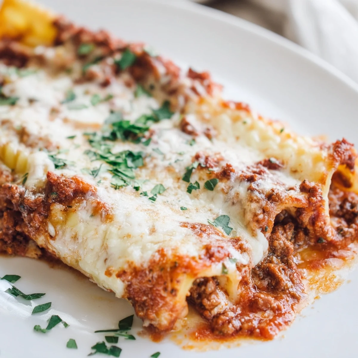 Tender pasta shells filled with creamy ricotta cheese mixture nestled under savory seasoned ground beef tomato sauce