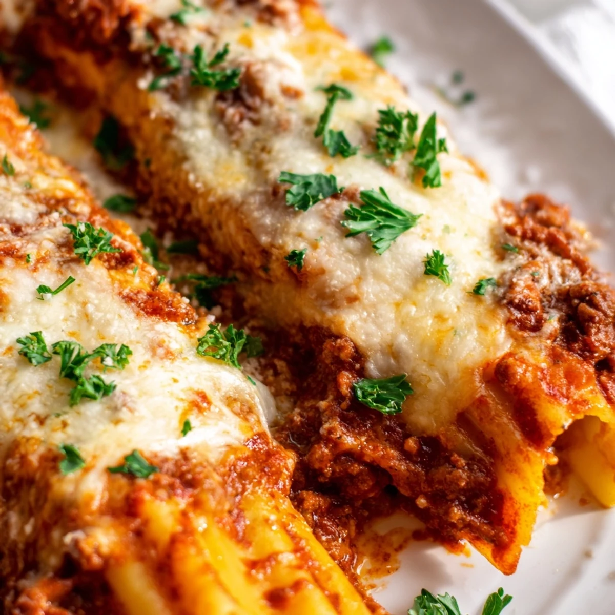 Hearty Italian manicotti baked to bubbly perfection with three cheese filling and robust meaty tomato sauce blanket