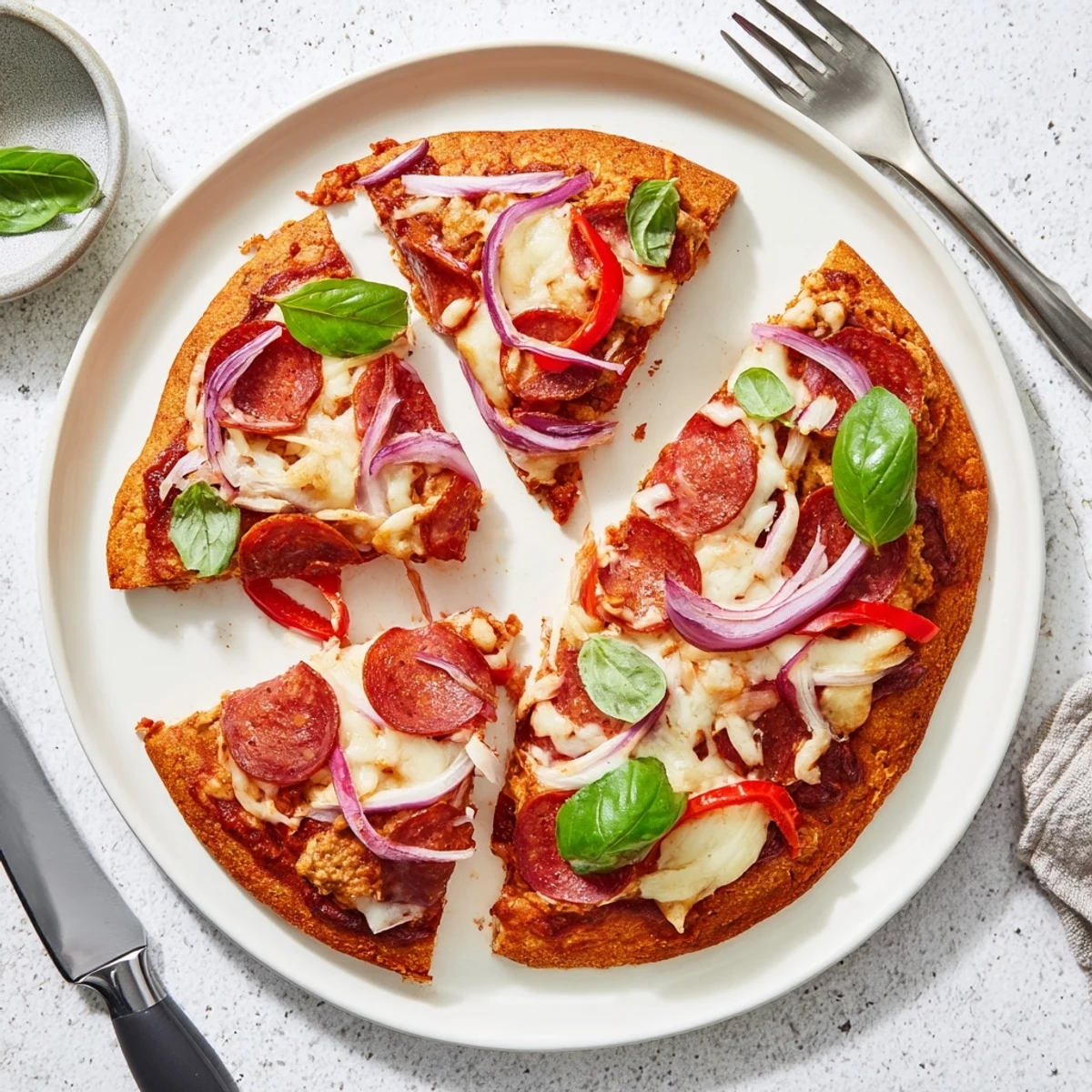 Golden crispy chicken crust pizza topped with melted mozzarella, pepperoni, and fresh basil