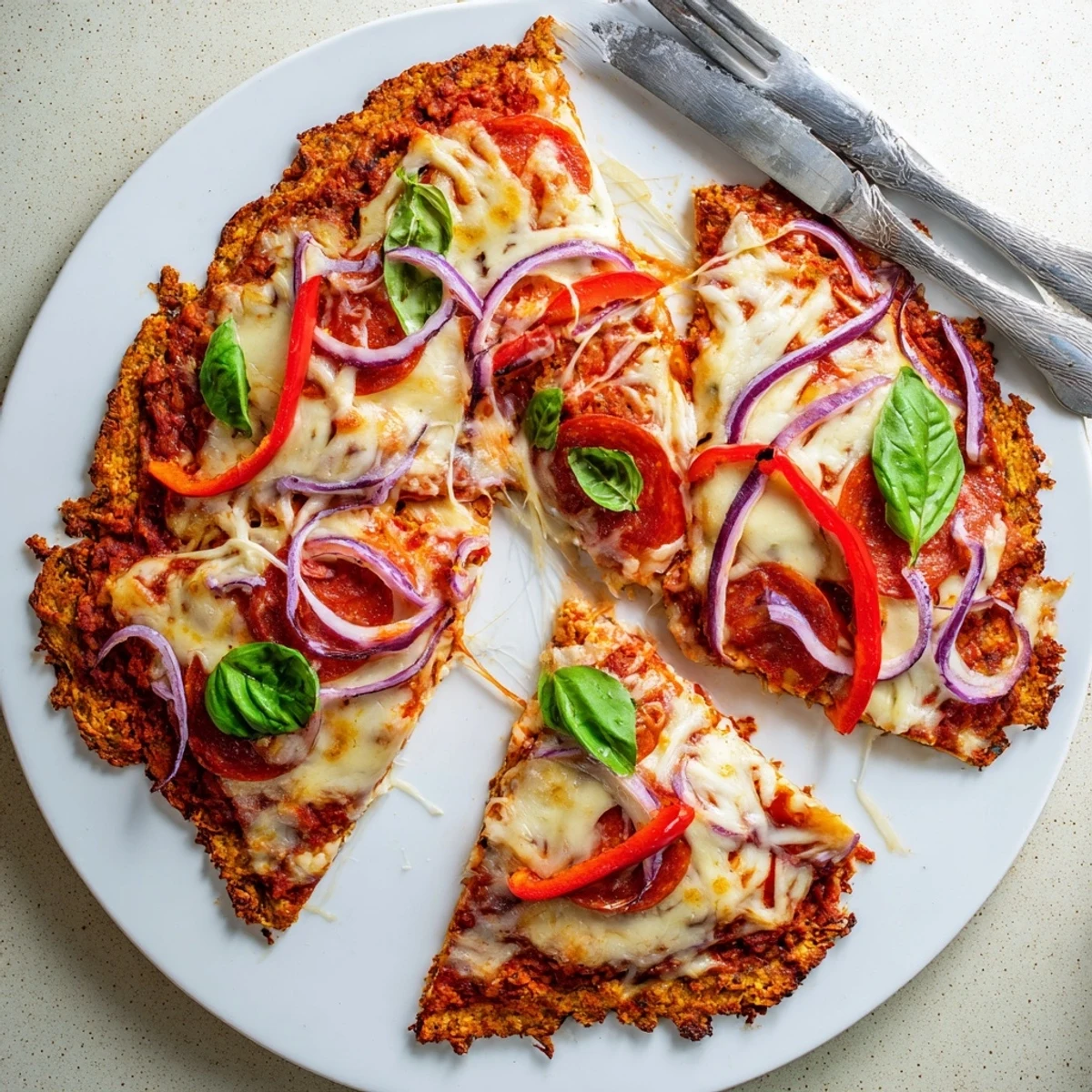 Low-carb chicken crust pizza featuring bubbling cheese, vibrant peppers, and red onion slices