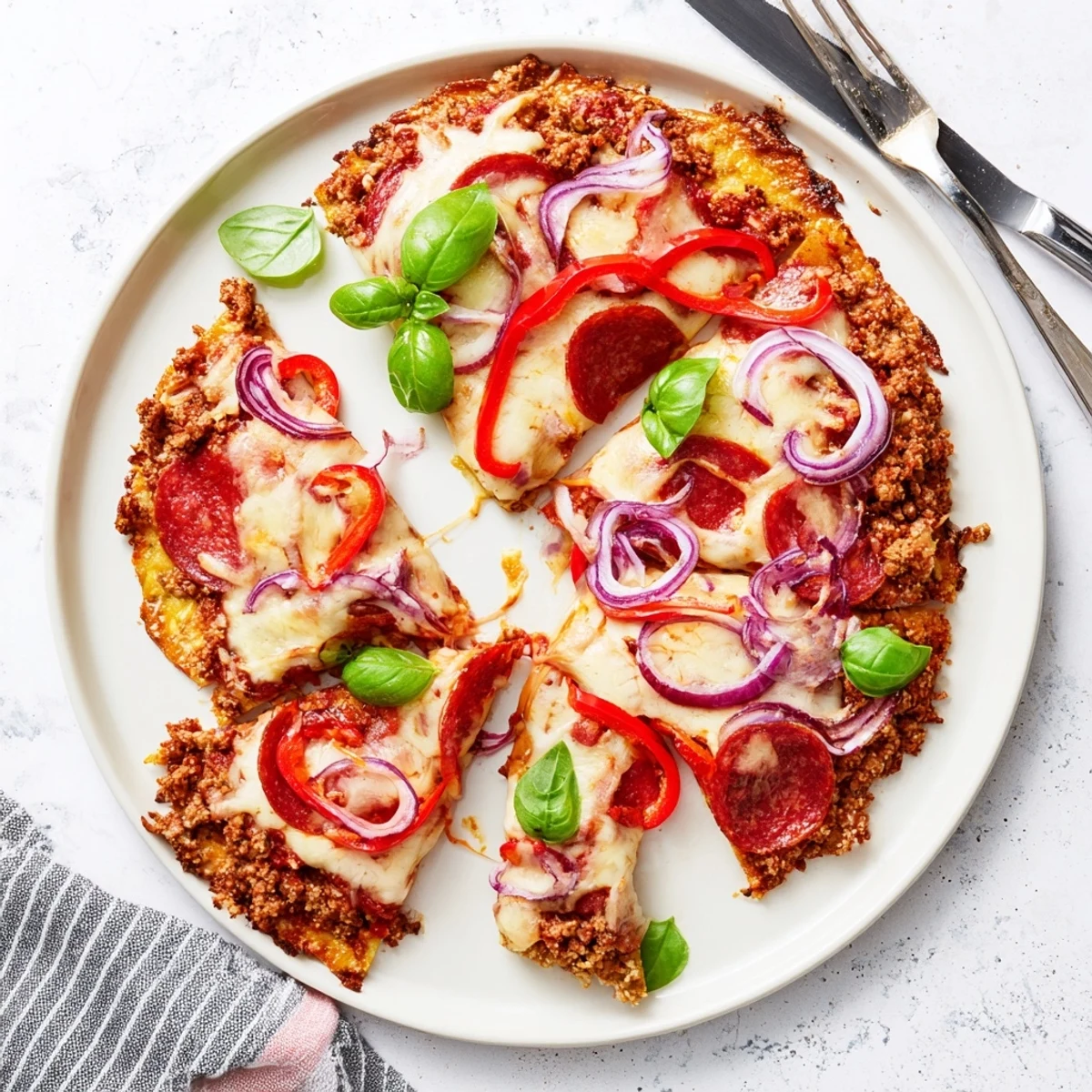 Gluten-free pizza with savory chicken base, pepperoni, and colorful vegetable toppings on a baking sheet