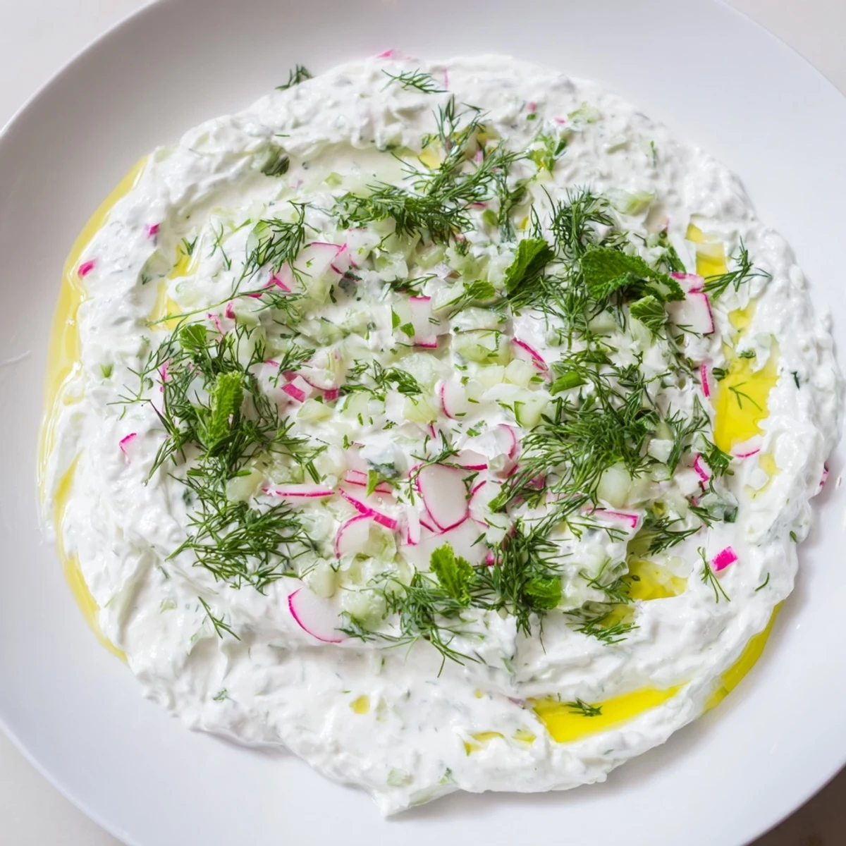 Creamy healthy radish tzatziki dip topped with fresh dill and mint in a white serving bowl