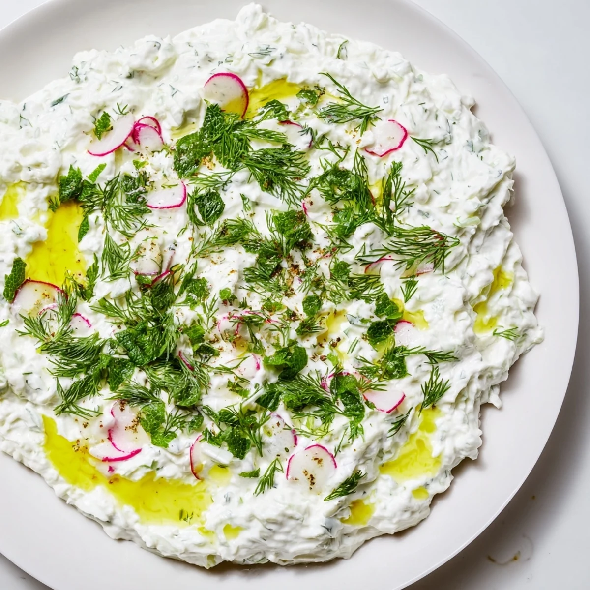 Vibrant healthy radish tzatziki dip garnished with olive oil and herbs alongside crisp vegetable crudités