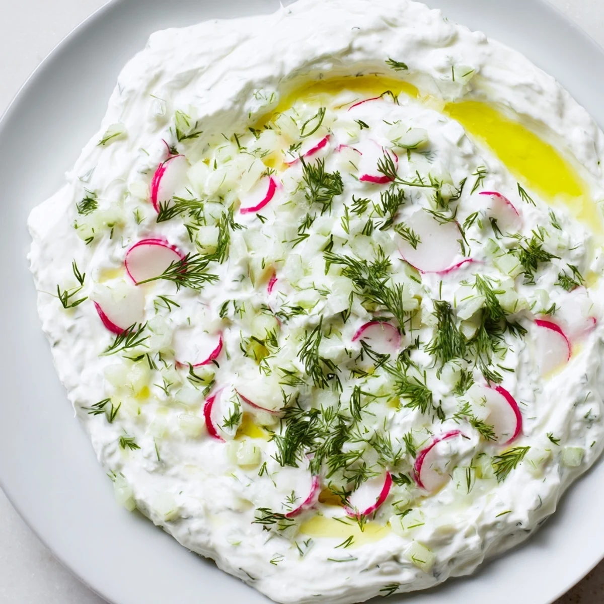 Thick and tangy healthy radish tzatziki dip speckled with grated cucumber and fresh green herbs