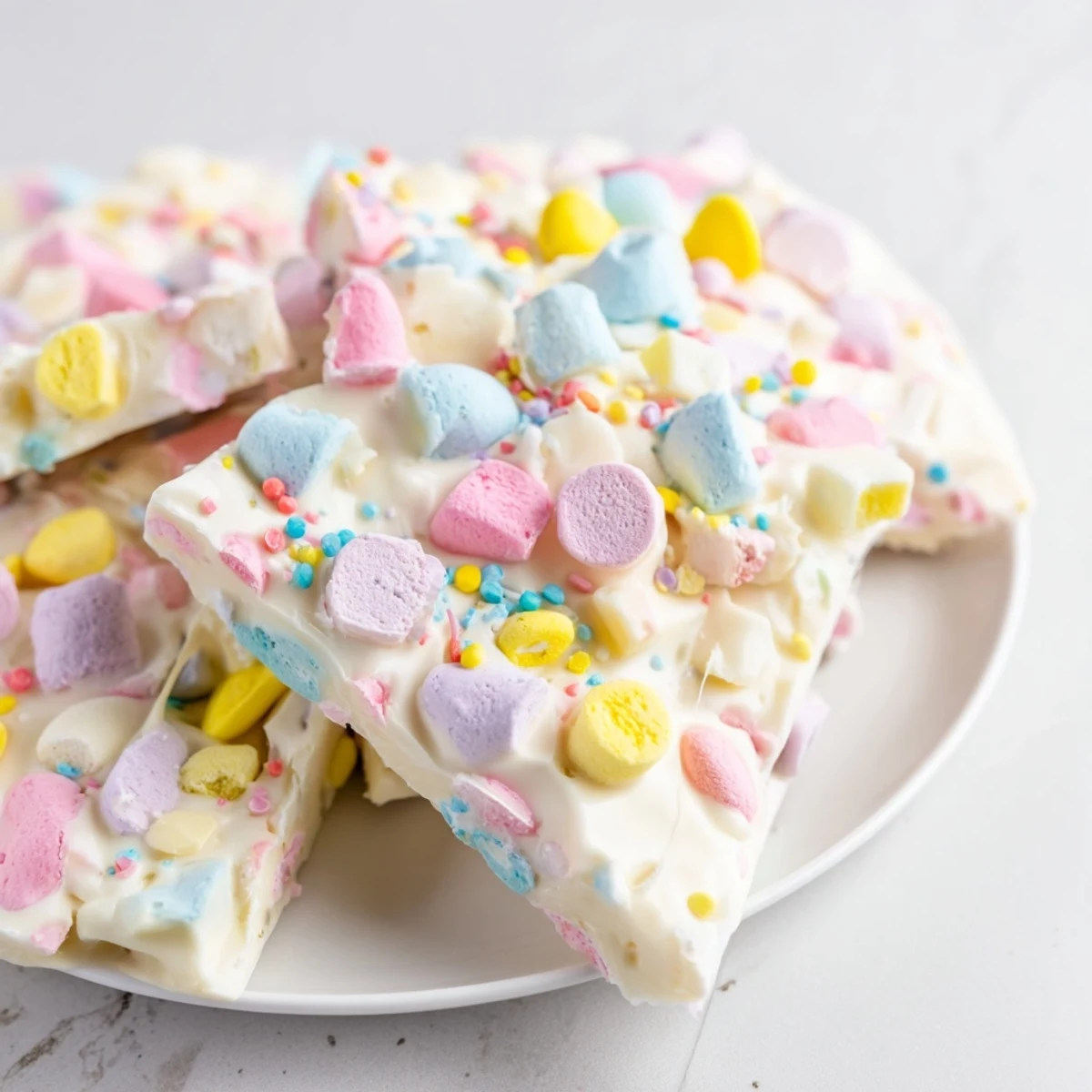 Homemade Easter marshmallow bark broken into pieces revealing pastel marshmallow and candy egg toppings